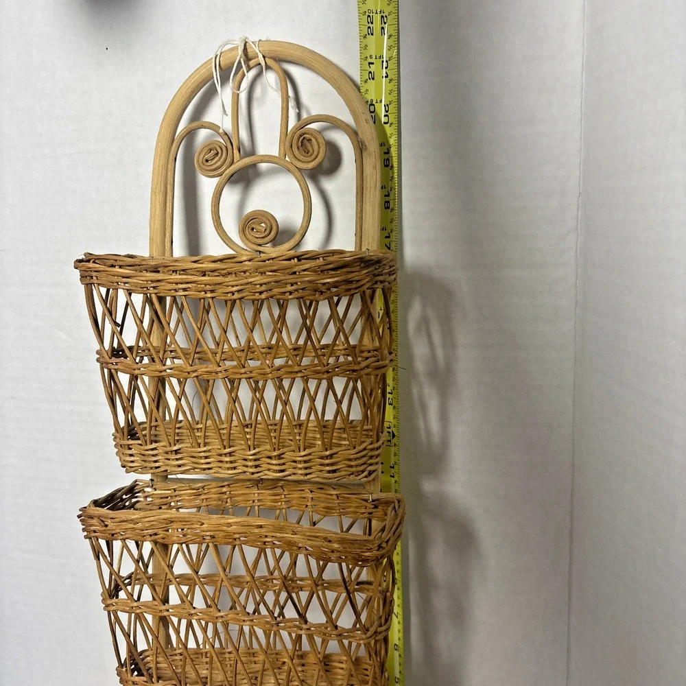 Vintage Boho Rattan Wicker Hanging Mail 3 Pocket Organizer 22